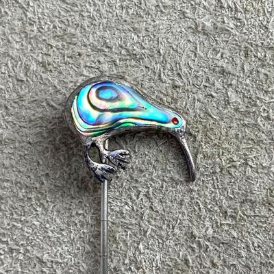 vintage STERLING SILVER & MOP KIWI STICK PIN & TIE CLIP pair 