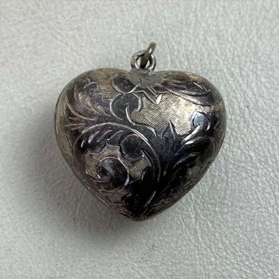 etched SILVER PLATED PUFFY HEART PENDANT 1"
