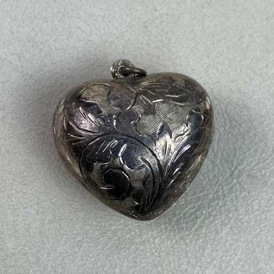 etched SILVER PLATED PUFFY HEART PENDANT 1"