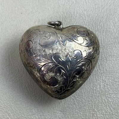 etched SILVER PUFFY HEART PENDANT 1.25"