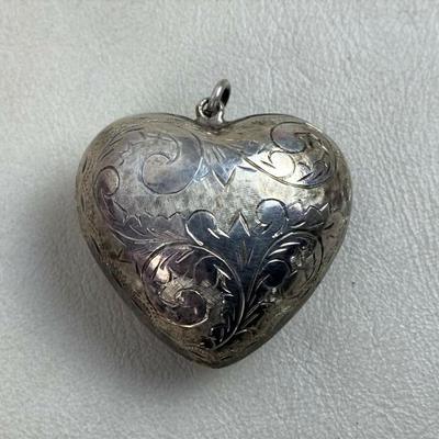 etched SILVER PUFFY HEART PENDANT 1.25"