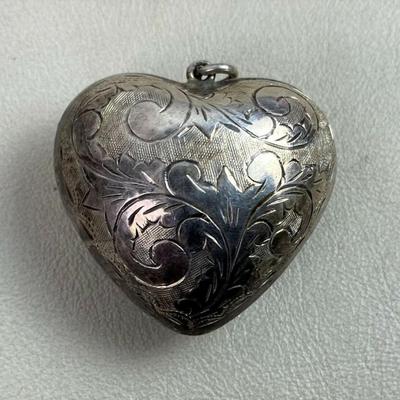 etched SILVER PUFFY HEART PENDANT 1.25"