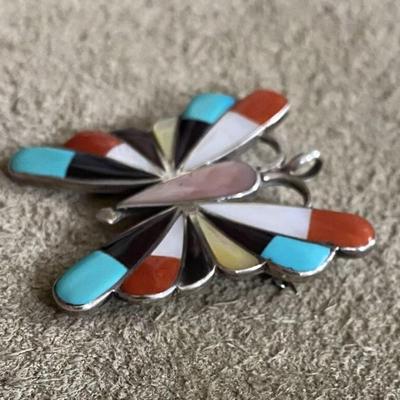 southwestern Inlaid Coral Onyx Turquoise MOP Silver Butterfly Pin Pendant