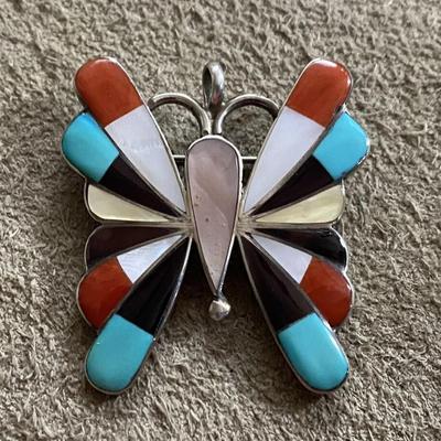 southwestern Inlaid Coral Onyx Turquoise MOP Silver Butterfly Pin Pendant