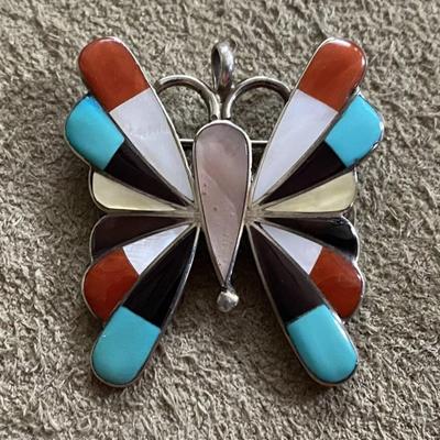 southwestern Inlaid Coral Onyx Turquoise MOP Silver Butterfly Pin Pendant