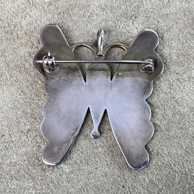 southwestern Inlaid Coral Onyx Turquoise MOP Silver Butterfly Pin Pendant