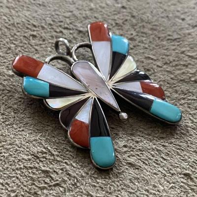 southwestern Inlaid Coral Onyx Turquoise MOP Silver Butterfly Pin Pendant