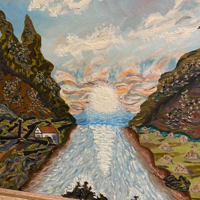 Vintage framed painting on board River with mountains and sunrise Lud A. Lotter 1963