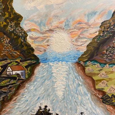 Vintage framed painting on board River with mountains and sunrise Lud A. Lotter 1963