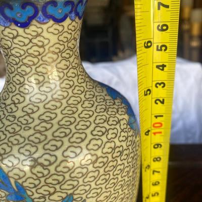 vintage cloisonne enamel brass vases, blue floral design