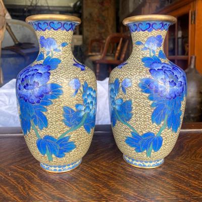 vintage cloisonne enamel brass vases, blue floral design