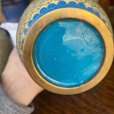 vintage cloisonne enamel brass vases, blue floral design