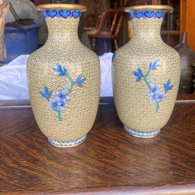 vintage cloisonne enamel brass vases, blue floral design