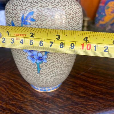 vintage cloisonne enamel brass vases, blue floral design