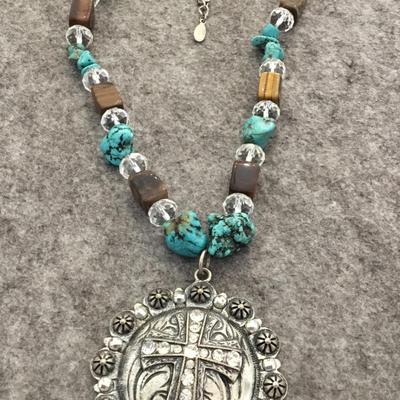 Beautiful, vintage, blue Moon, turquoise, tigers, eye, crystal beaded necklace large, circular cross pendant