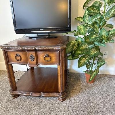 Tuscan style side table, Sharp TV, plant