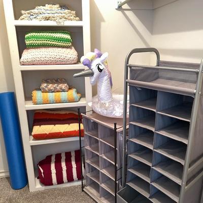 Fabric & Metal Shelving & Afghans