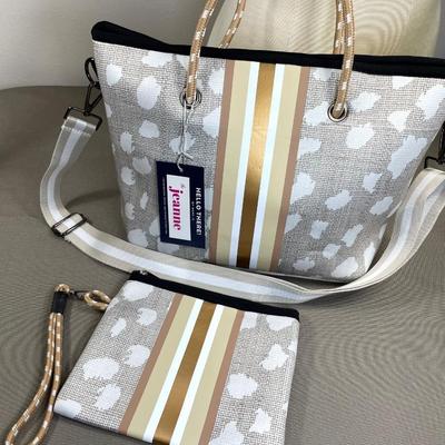 Tan with Gold stripes Handbag with Wristlet New!