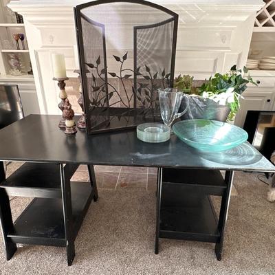 Black sawhorse style desk, plus accessories