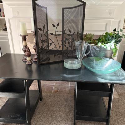 Black sawhorse style desk, plus accessories