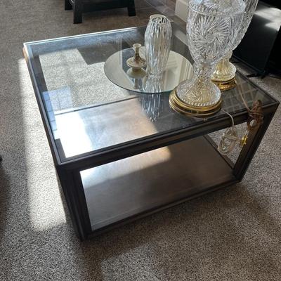 Wood Glass end table + Decor & pair lamps