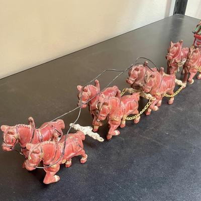 Vintage Cast Iron Toy 8 Clydesdale Horses & Wagon, Beer Barrels, 2 Drivers & Dog