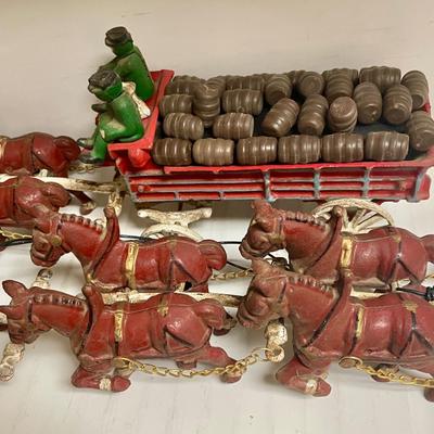 Vintage Cast Iron Toy 8 Clydesdale Horses & Wagon, Beer Barrels, 2 Drivers & Dog