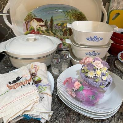 Kitchen- Corning & vintage dish towels & sugar eggs