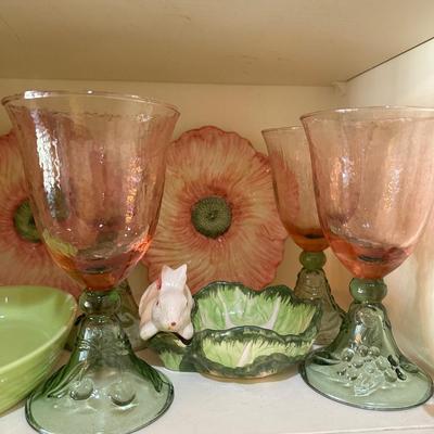 Green Pink glass & pottery lot