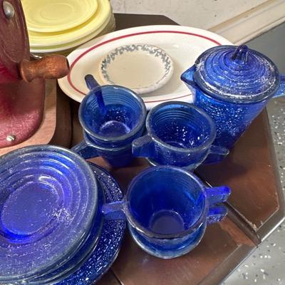 Vintage stitch mistress hand crank sewing machine & Cobalt 40's child dishes