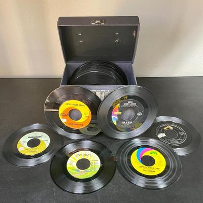 Vintage 45RPM Lebo Denim Blue Record Storage Carry Case with 46 Records