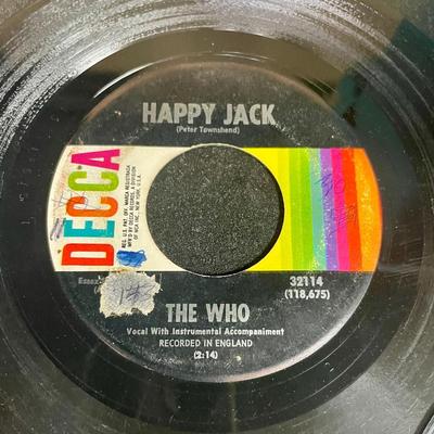 Sale Photo Thumbnail #615: Case is in good condition, records are in good to fair condition. Examples of record titles: "Happy Jack" by the Who on Decca Records, "I Saw Her Again" by The Mamas & Papas on Dunhill Records, "Guantanamera" by The Sandpipers on A&M Records, "Yesterday's