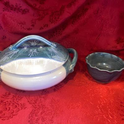 SIGNED POTTERY CASSEROLE DISH AND BOWL