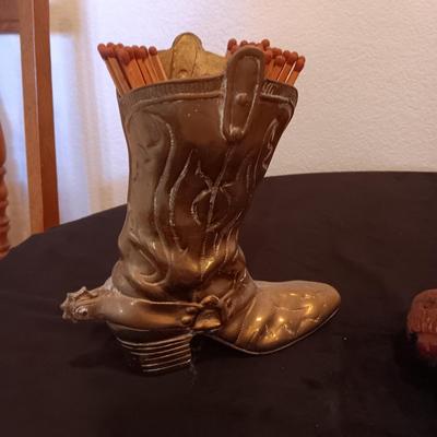 HEAVY BRASS BOOT, WOOD CARVED BISON AND FUR PIECE