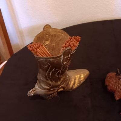 HEAVY BRASS BOOT, WOOD CARVED BISON AND FUR PIECE