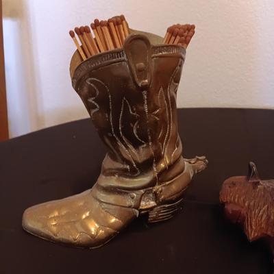 HEAVY BRASS BOOT, WOOD CARVED BISON AND FUR PIECE
