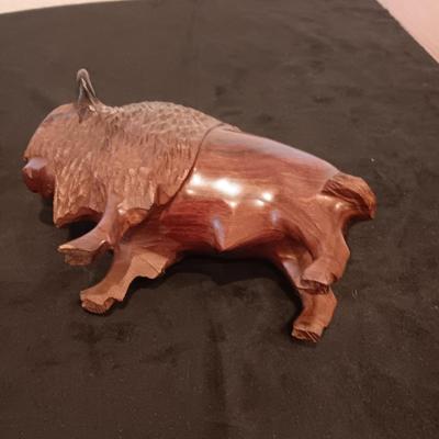 HEAVY BRASS BOOT, WOOD CARVED BISON AND FUR PIECE