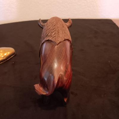 HEAVY BRASS BOOT, WOOD CARVED BISON AND FUR PIECE