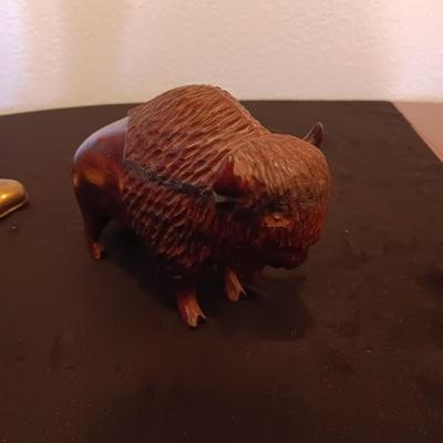 HEAVY BRASS BOOT, WOOD CARVED BISON AND FUR PIECE