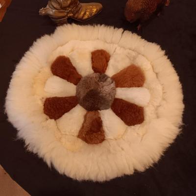 HEAVY BRASS BOOT, WOOD CARVED BISON AND FUR PIECE