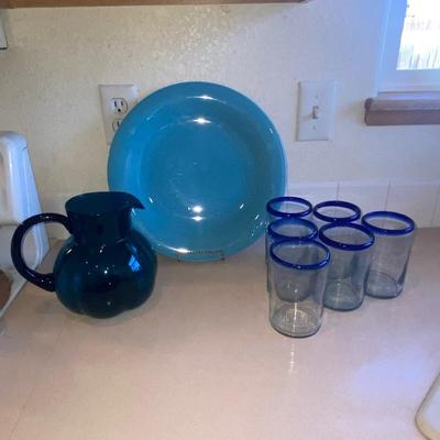 PIER 1 IMPORTS DRINKING GLASSES, HAND CRAFTED TEAL GLASS PITCHER AND SERVING PLATTER