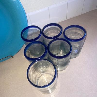 PIER 1 IMPORTS DRINKING GLASSES, HAND CRAFTED TEAL GLASS PITCHER AND SERVING PLATTER
