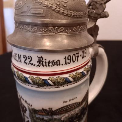 2 GERMAN STEINS WITH PEWTER TOPS