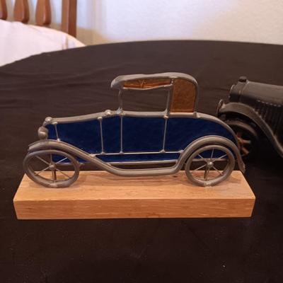 CAST IRON AND STAINED GLASS ANTIQUE CARS