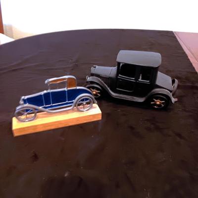 CAST IRON AND STAINED GLASS ANTIQUE CARS