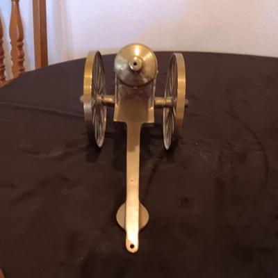 BRASS MODEL CANNON AND VINTAGE LEATHER POUCHW/LEAD PELLETS