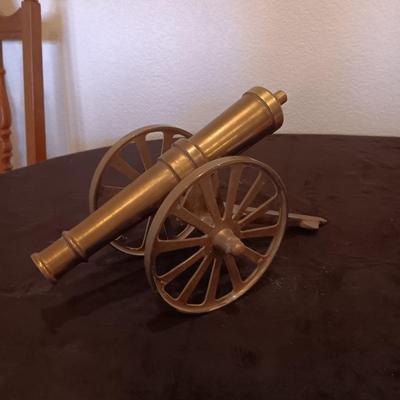BRASS MODEL CANNON AND VINTAGE LEATHER POUCHW/LEAD PELLETS