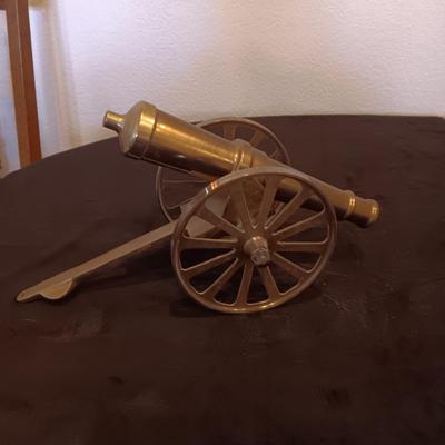 BRASS MODEL CANNON AND VINTAGE LEATHER POUCHW/LEAD PELLETS