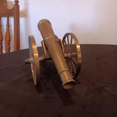 BRASS MODEL CANNON AND VINTAGE LEATHER POUCHW/LEAD PELLETS