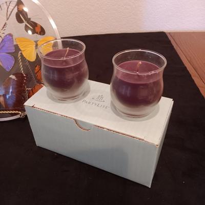 GENUINE BUTTERFLIES DISPLAYED IN A CURVED GLASS AND METAL RIMMED FRAME PLUS PARTYLITE CANDLES